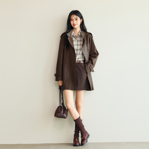 Eveli (eifini) Jiang Xin endorses Eveli stand-up collar design double-breasted imitation leather mid-length glossy windbreaker 2025 autumn new style coffee mid-length S