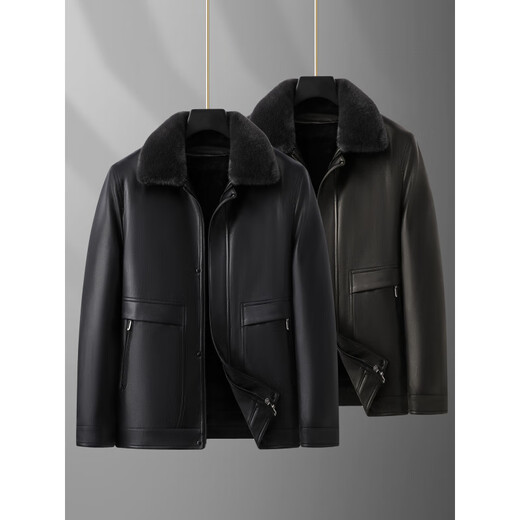 九九王九牧王带毛领皮衣男士加大码加绒保暖外套冬季胖子可脱卸内胆翻领 黑色 L (建议100-120斤)