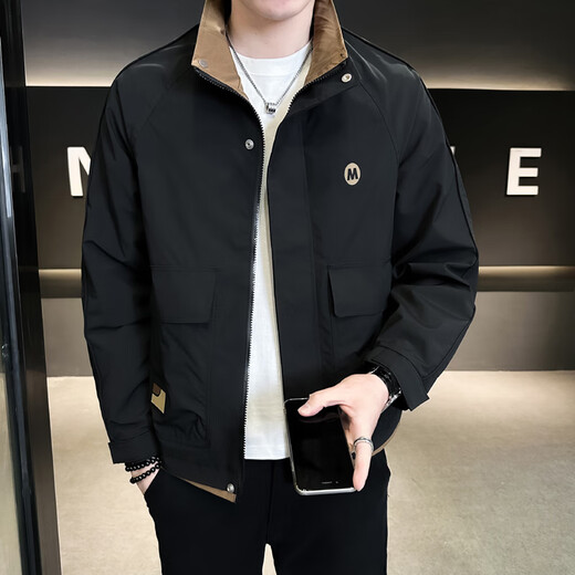 ROMON high-end jacket men's 2025 autumn and winter cotton sports casual stand-up collar loose trendy brand windbreaker work top men JK6051 black jacket XL size 125-140Jin Jin equals 0.5 kg
