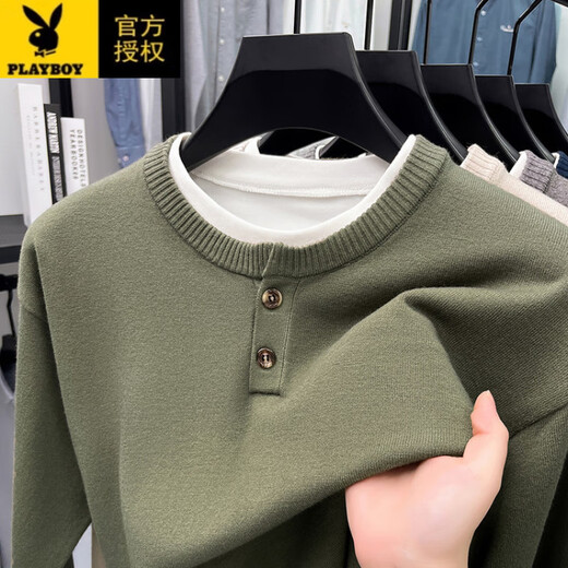 Playboy (PLAYBOY) Heavy Duty Fake Two-Piece Sweater Men's Fall 2025 American Retro Sweater Thickened Warm Henley Collar Sweater Jacket Gray L (170)