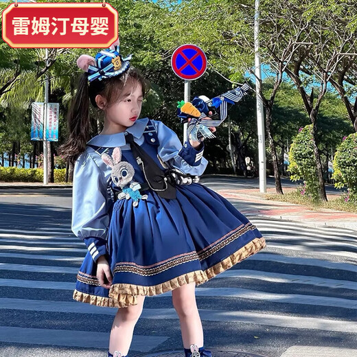 Remtin Rabbit Police Officer Lolita Girls Princess Dress Children's Spring and Autumn Dress Girls Judy Clothes Dress Only Shirt + Skirt 100