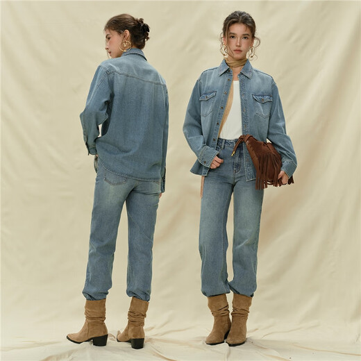 佐丹奴 设计师款女装复古绣花翻领双口袋宽松长袖牛仔衬衫18345617 62复古牛仔色 M