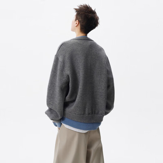 American Retro Fake Two-Piece Cardigan Sweater Men's Relaxed Lazy Style Couple Henry Collar Sweater Gray L (110-130Jin Jin equals 0.5kg)