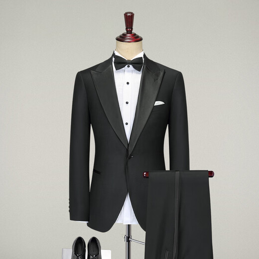 Guillaume de Mons Aojia Tuxedo Wool Suit Complete Set Men's Black Groom Wedding Dress Host Banquet Suit Men's Black Top + Pants + Vest 48