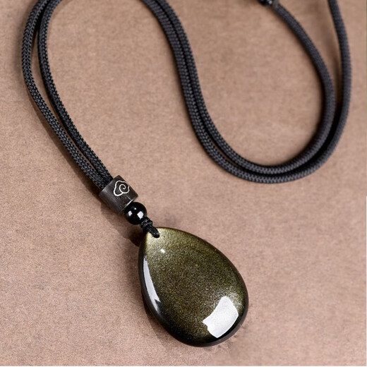Decoration Collection Grade Natural Black Crystal Obsidian Water Drop Pendant Gold Obsidian Necklace for Men and Women as Birthday Gifts Silver Chain Gold Obsidian Collection Grade Approximately 9-12g