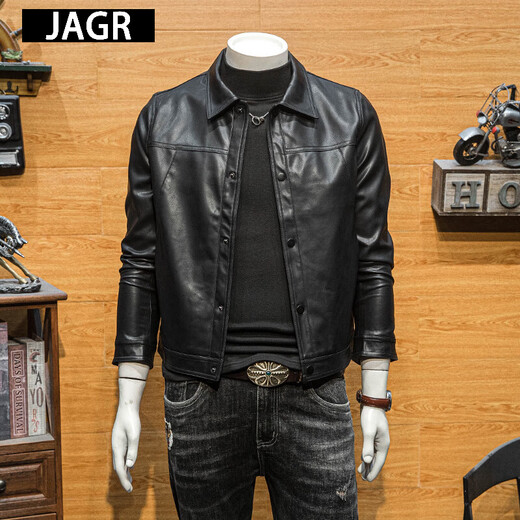 JAGR潮牌 皮衣外套男修身翻领皮夹克新款休闲上衣潮流男士仿皮衣 黑色 黑色 3XL