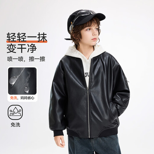 ASK JUNIOR children's jacket 2025 autumn medium and large children's trendy cool leather motorcycle style jacket boys soft and skin-friendly black