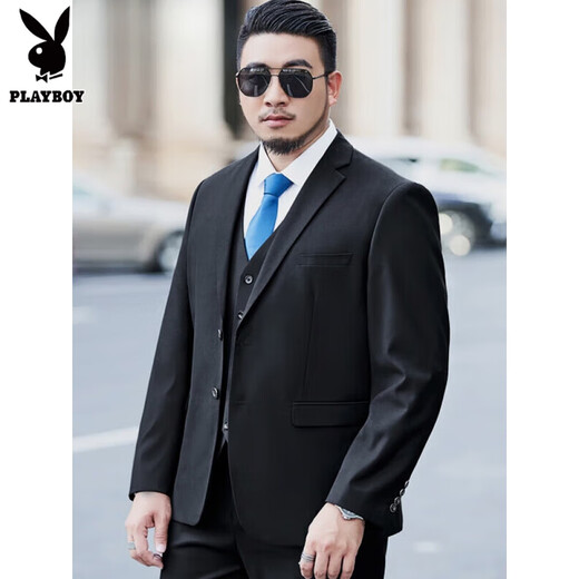 Playboy Plus Size Suit Men's Suit Plus Fat Plus Slim Fit Suit Jacket Business Formal Wear Professional Wedding Dress Black Jacket + Pants + Vest + Shirt 7XL 210/(245-260Jin Jin is equal to 0.5 kg)