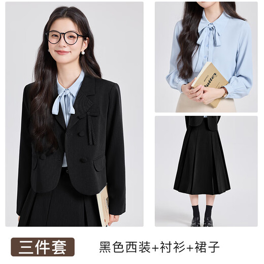 Age-reducing college style formal occasion suit skirt formal college student teaching interview speech defense suit two-piece suit four-button_black suit + blue shirt + skirt_free belt S