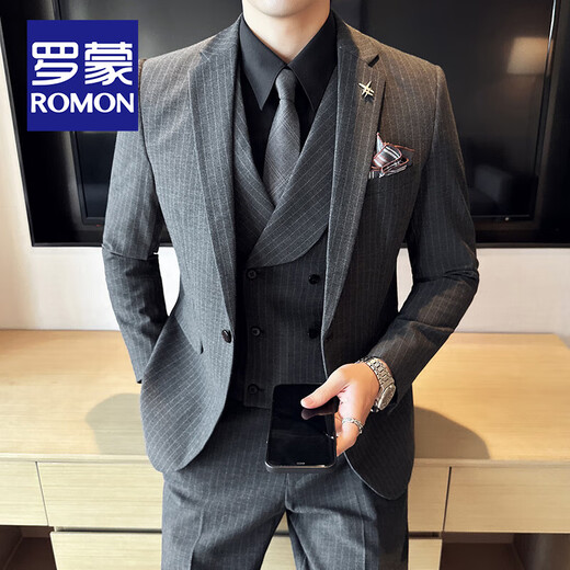 ROMON Light Luxury High-end Striped Suit Men's Business Casual Professional Formal Wear Groom Wedding Banquet Suit Dress Gray Suit + Suit + Vest XL Size (Free Brooch + Pocket Square)