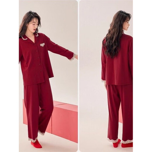 Yalu Festive Fat mm Large Size Wedding Couple Pajamas Spring and Autumn Red Zodiac Year Loose New Chinese Style 300 Jin Jin equals 0.5 kg Home Clothes New Chinese Style-Female ShYLie Spring and Autumn Style with Lace L 100-120 Jin Jin equals 0.5 kg