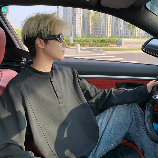 Goudreau American Henry Collar Sweatshirt Men's Autumn New Youth Stand Collar Right Shoulder Bottoming Shirt Business Casual Long Sleeve Top White Gray M