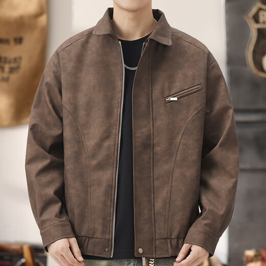 Baleno (Baleno) S&K series American retro leather jacket for men, loose motorcycle jacket, light luxury tough guy autumn casual jacket for men, coffee color, size 4XL, recommended weight 200-220