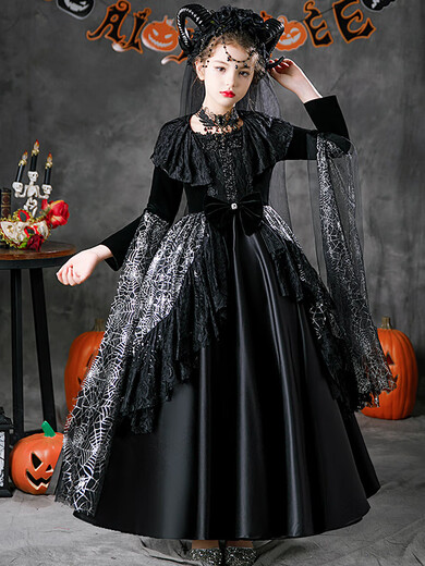 Bei Haomeng MERRIER SWEETIE Halloween girls dress character witch vampire costume dark queen dress up little devil masquerade night witch + horn + staff necklace + Halloween stickers one size 150cm