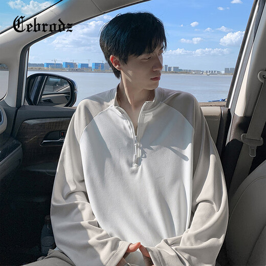 Cebrodz French half-zip long-sleeved T-shirt for men in spring and autumn, versatile youth outdoor sports cycling trendy brand heavy top, black XL