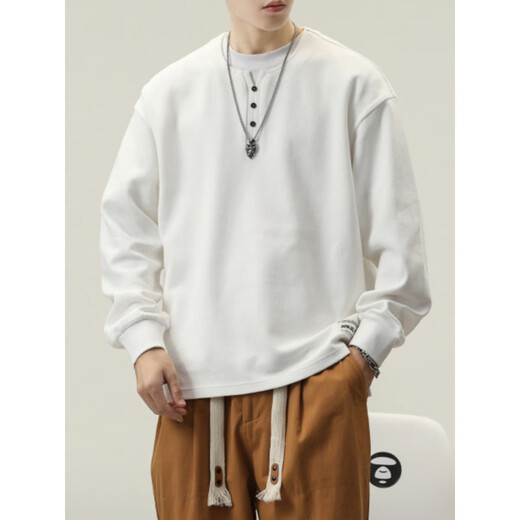 KXKE spring heavy cotton men's long-sleeved T-shirt loose large size American trendy brand casual Henry collar bottoming shirt sweatshirt black 4XL recommended 170-185Jin Jin equals 0.5 kg