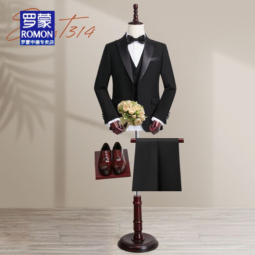 ROMON brand wedding suit groom wedding suit men's tuxedo handsome slim high-end banquet performance dress black lapel collar suit + trousers L