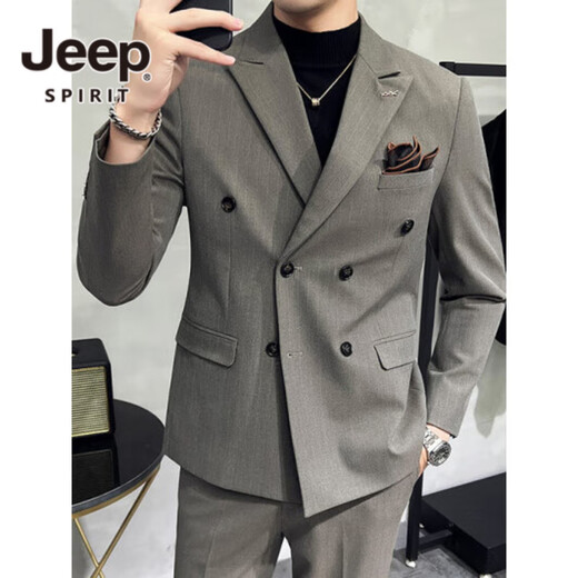 JEEP SPIRIT Jeep Double Breasted Suit Men's Suit Suit Autumn Men's Striped Casual Suit Men's Business Formal Wear Groom Dinner Black (Suit+Trousers+Vest) XL 52 125-140 Jin Jin is equal to 0.5 kg