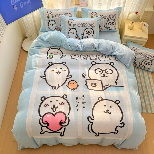 Autumn and winter new thickened milk velvet large version cartoon quilt cover four-piece set plus velvet warm bed sheet quilt cover three-piece set Zihai Bear bed sheet style 1.8 four-piece set-quilt cover 200x230