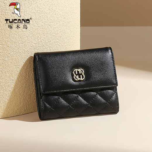 Woodpecker genuine leather wallet for women 2025 new card holder cowhide rhombus stitching small coin purse short style multiple card slots black