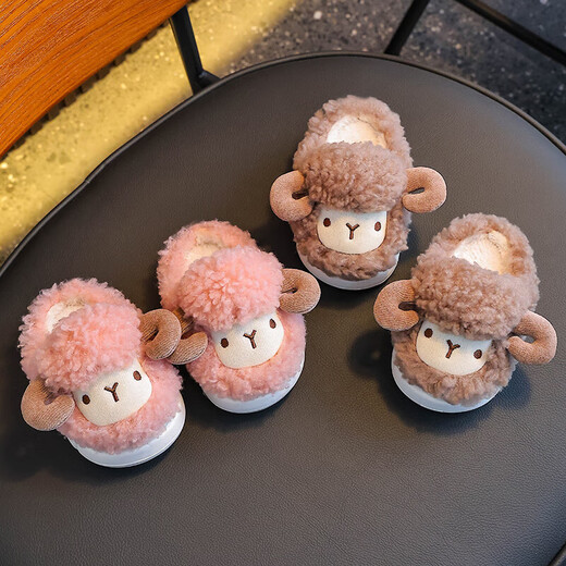 Winter children's cotton slippers for boys and girls, warm and plush, small and medium-sized children, infants and young children, home baby lamb cotton slippers, light coffee slippers, 12, 26/27 size (shoe length 16CM, suitable for feet 15
