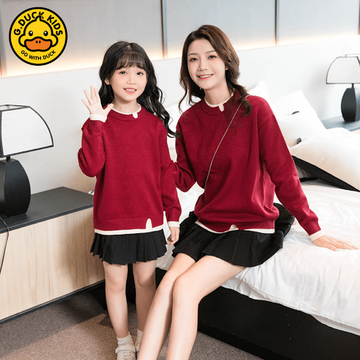 G.duck Chinese New Year parent-child outfits, family portrait, red sweater, family of three and four, 2025 New Year mother-child outfits, New Year greetings outfits, burgundy size 140