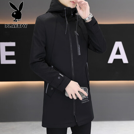 Playboy (PLAYBOY) mid-length windbreaker for men 2025 autumn and winter new fashion brand velvet jacket slim and handsome casual coat cotton-padded jacket for men gray hhgzxc3nAFNP 3XL recommended 160-175Jin Jin equals 0.5 kg
