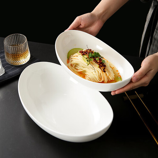 Special-shaped oval deep plate Yuanbao plate commercial household white ceramic cold noodle bowl hotel restaurant special plate 8-inch Qiyuan oval bowl-white porcelain
