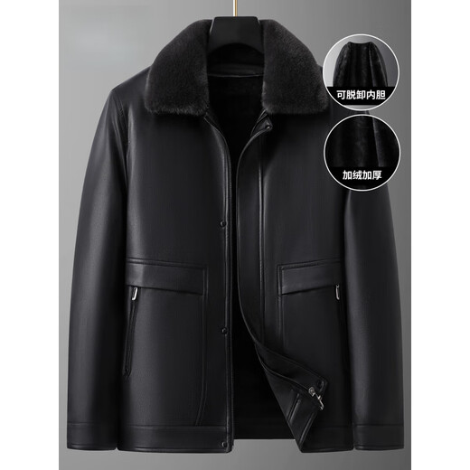 九九王九牧王带毛领皮衣男士加大码加绒保暖外套冬季胖子可脱卸内胆翻领 黑色 L (建议100-120斤)