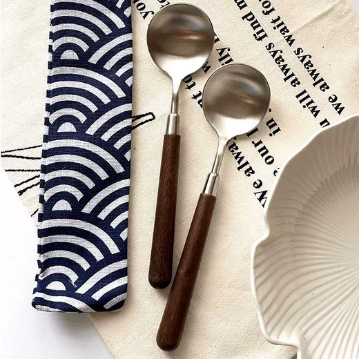 Yusenyi trendy anti-walnut grain wooden handle spoon Western food spoon stainless steel round spoon soup spoon eating spoon soup spoon larger spoon walnut grain long handle thickened round spoon (pack of 6)