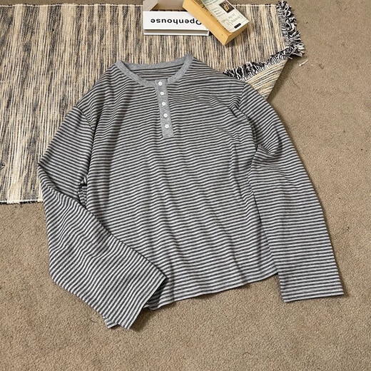 MANUSCRIPT striped Henry collar long-sleeved T-shirt, shoulder commuting white men's casual basic retro bottoming shirt, pure white M