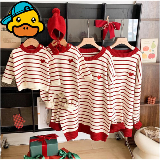 G.duck parent-child sweater 2025 autumn and winter new striped sweater for a family of three New Year's wear for a small month-old crawling suit for New Year's greetings Striped 170 Adult M