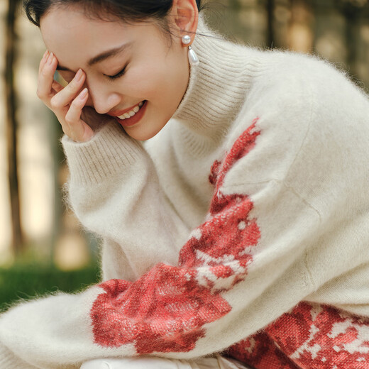 EP Yaying 2025 winter new women's clothing yak velvet white gentle jacquard turtleneck sweater 9517A white L