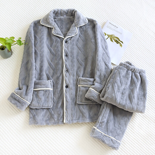 Einfarbiger Flanell-Pyjama von Red Bean für Damen, langärmelig, Herbst und Winter, warmes, samtiges und verdicktes Paar-Hauskleidungsset, Herrenblau M