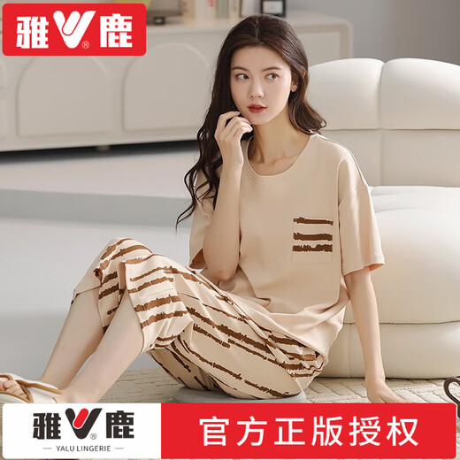 雅鹿睡衣女士夏季纯棉V领短袖七分裤宽松休闲可外穿春家居服套装凉感 品牌T-9855(短裤套装) M (80-100斤)