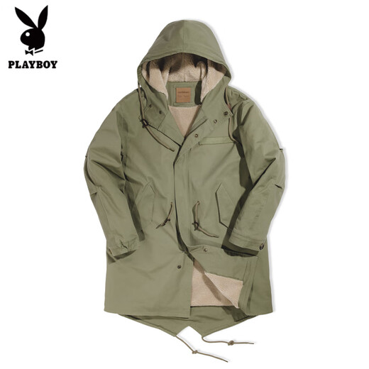 Playboy (PLAYBOY) 2025 new American retro fashion fishtail mid-length windbreaker jacket hooded parka coat cotton jacket for men spring military green version looser XL