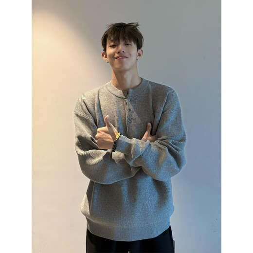 Du Xiaoxian cleanfit Henry collar black sweater men's autumn and winter lazy style long-sleeved Polo shirt right shoulder inner sweater black XL recommended 120-140Jin Jin equals 0.5 kg