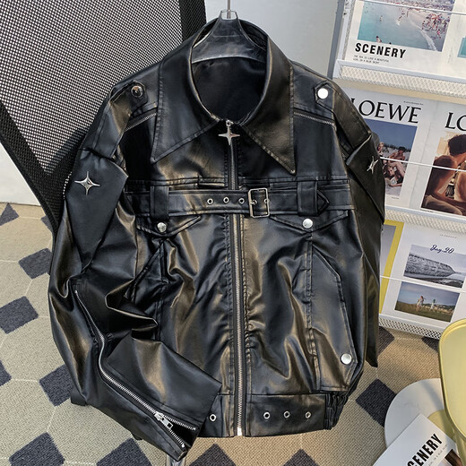 Will not American retro PU leather jacket men's spring and autumn trendy brand hiphop loose casual hip-hop zipper lapel jacket black M