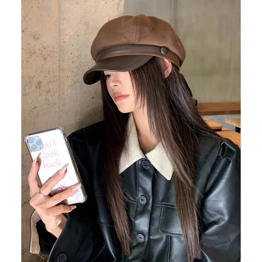 Quchen beret women's octagonal hat winter women's octagonal beret painter's hat coffee hat western Sichuan hat leather buckle beret coffee one size