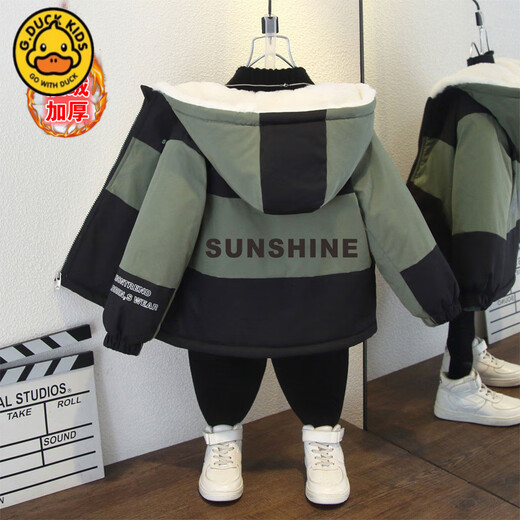 G.DUCKKIDS boys winter coat warm velvet hooded jacket girls autumn and winter Korean letter print thickened loose cotton coat back diagonal zipper velvet jacket black 100 cm suitable for 90-100cm age 3-4 years old