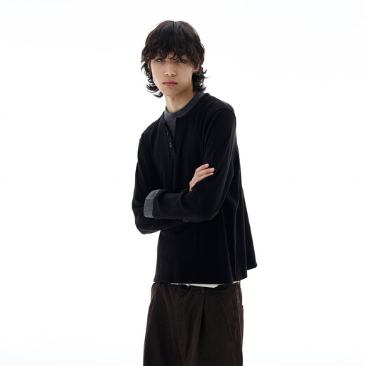 Weilang's shop American style lazy and relaxed knitted sweater for men, high-end fake two-piece Henry collar bottoming shirt, couple trendy black S