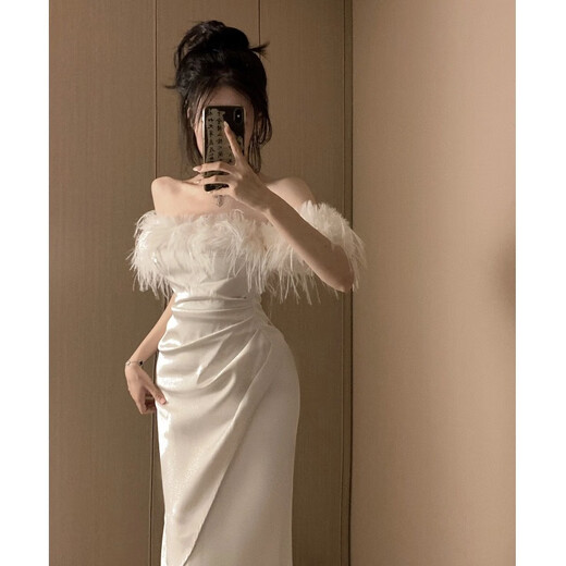ACJK French style celebrity banquet evening dress long skirt-like slim one-shoulder fishtail dress spring and winter new style white S