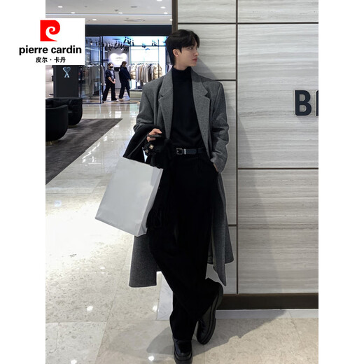 皮尔卡丹（pierre cardin）春秋韩版美拉德毛呢大衣男感中长款垫肩风衣过膝宽松呢子外套 咖啡色（加棉里衬） XL