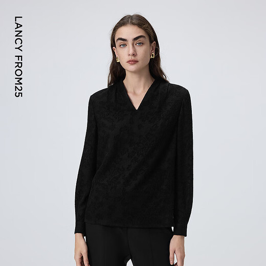 Langzi Wool V-neck Jacquard Elegant Temperament Shirt Simple and Comfortable Commuting Shirt Women 2026 Spring New Black XL