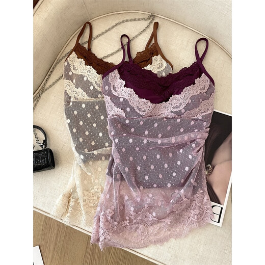 Polka-dot lace fake two-piece mesh suspender for women in summer sexy hottie tube top beauty suspender strap breast pad outer wear small top purple pink version one size