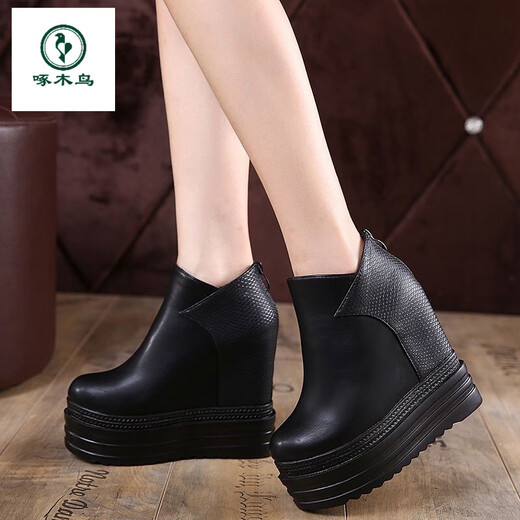Woodpecker's new genuine leather Martin boots 12 thick-soled wedge short boots ultra-high heels platform women's boots with increased height and velvet naked boots black (heel height 14 cm single mile) 35