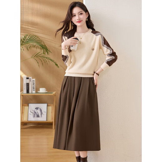 Ehangy international luxury high-end brand knitted dress women's 2025 autumn and winter new sweater versatile and stylish age-reducing skirt khaki (two-piece set) M