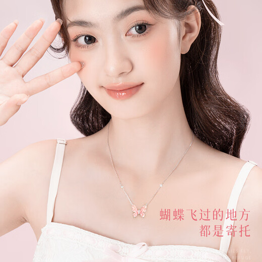 GLTEN Pink Crystal Butterfly Silver Necklace for Women 2025 New Pendant Birthday Gift for Women Light Luxury Niche Gift for Girlfriend and Wife