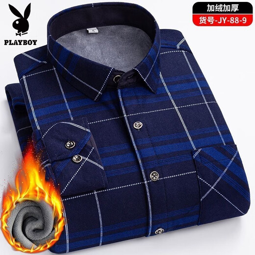 Playboy winter warm men's long-sleeved shirt shirt middle-aged and elderly plaid extra large casual plus velvet dad thickened loose thickened velvet 02 XL 105-125Jin Jin equals 0.5 kg