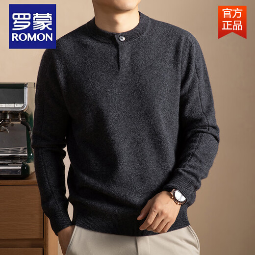 ROMON's new autumn and winter single-button Henry collar sweater for men, wool blended waffle texture pullover sweater, black L